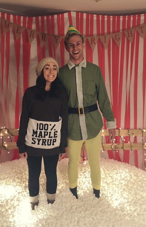 Couples costume. Elf and Maple Syrup. DIY Christmas. #christmas #couple #costume #elf #diy Couple Christmas Party Outfits, Christmas Couple Costumes, Couple Christmas Costumes, Christmas Costume Ideas For Couples, Couples Christmas Costumes, Elf Couple Costume, Elf Movie Costume Diy, Buddy The Elf Couple Costume, Buddy The Elf Halloween Costume