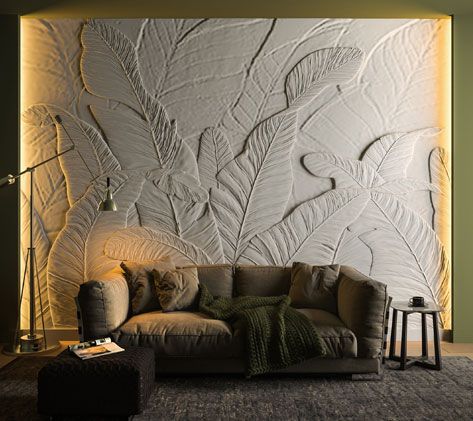 Decoration Beton, Jungle Wall, Wall Panel Design, Wall Texture Design, Plaster Wall Art, Interior Wall Design, Bas Relief, Wall Cladding, A Living Room