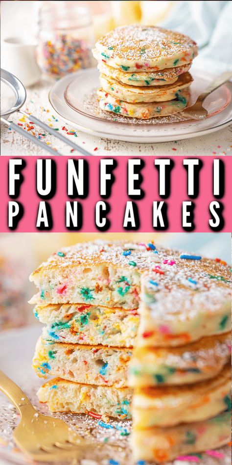 My kids go crazy when I make them these! Funfetti pancakes: they come out so fluffy and soft, with the most delicious vanilla-almond flavor and plenty of colorful sprinkles. So fun! Confetti Pancakes, Funfetti Pancakes, Fun Pancakes, Birthday Pancakes, Flavored Pancakes, Pancake Mix Recipes, Cookie Crisp, Brunch Bread, Birthday Breakfast