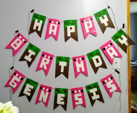 Happy Birthday banners Minecraft Girl. Pink Minecraft Party, Girl Minecraft Party, Banners Minecraft, Diy Minecraft Birthday Party, Minecraft Bday, Golden Birthday Parties, 7 Birthday, Christian Birthday, Minecraft Birthday Party