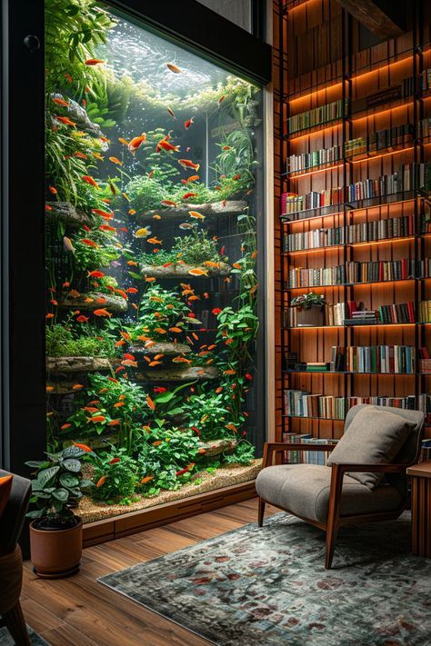 In House Aquarium, Fish Tank On Bookshelf, Library With Plants, Bookshelf Aquarium, Fernery Ideas, Aquarium Setup Ideas, Plant Bookshelf, Unique Bookshelf, Aquarium Home