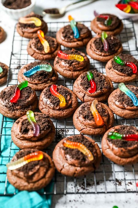 Topped with Oreo cookie crumbs and gummy worms, these dirt cookies are just like the pudding cups you had as a kid! They taste incredible and are easy to make with no chilling required. Recipe includes a how-to video! Dirt Cookies, Worms And Dirt, Dirt Cupcakes, Dirt Pie, Dirt Dessert, The Best Dessert Recipes, Deep Dish Cookie, Sugar Spun Run, Halloween Snack Mix