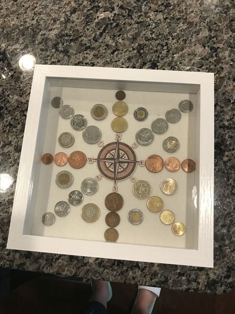 Old Coin Display Ideas, Displaying Money From Around The World, Coin Frame Display Ideas, Foreign Money Display Ideas, Old Coins Craft Ideas, Coin Art Ideas Diy, Coin Art Ideas, Coin Art Diy, Pressed Penny Display Ideas