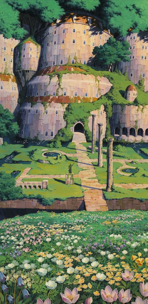 The mystery in this moss-ridden castle invokes a sense of wonder in the world created. Kazuo Oga, Ghibli Drawing, Ghibli Background, Ghibli Poster, Studio Ghibli Films, Art Studio Ghibli, Fantasy Scenery, Personajes Studio Ghibli, Studio Ghibli Background