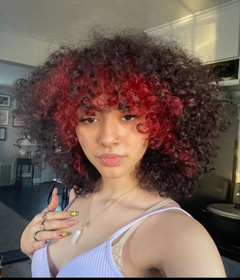 Half Colored Curly Hair, Curly Hair With Dyed Ends, Hair Dye For Short Curly Hair, Black With Red Highlights Curly Hair, Bottom Half Dyed Hair Curly, Color Block On Natural Curly Hair, Curly Hair Dyed Underneath Red, Colorblock Hair Curly, Split Dye With Bangs Curly