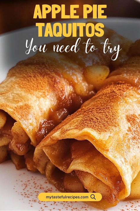 Craving apple pie? Try these scrumptious Apple Pie Taquitos! Filled with warm, spiced apples and baked to crispy perfection, they’re the perfect portable dessert for fall! Apple Taquitos, Apple Pie Taquitos, Apple Pie Tacos, Dessert For Fall, Portable Dessert, Creamy Pie, Apple Filling, Decadent Cakes, Recipes Dessert