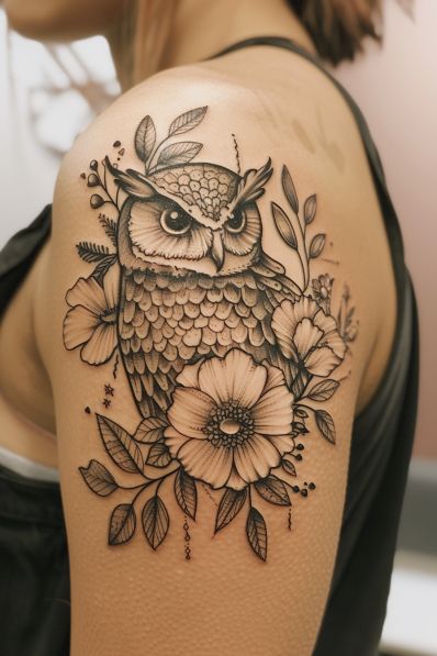 28+ Owl Tattoo Ideas & Designs Girly Tattoo Sleeve Ideas, Animal And Flower Tattoo, Animal With Flowers Tattoo, Dark Owl Tattoo, Womens Owl Tattoo, Small Owl Tattoos For Women, Feminine Owl Tattoo, Owl Shoulder Tattoos For Women, Butterfly And Owl Tattoo