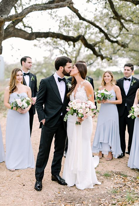 Classic black and white wedding with dusty blue bridesmaids at Prospect House | Austin Wedding | Julie Wilhite Photography  #austinwedding #prospecthouse #austinweddingphotography #classicwedding #bluewedding Dusty Blue And Black Wedding, Blue And Black Wedding, Blush And Blue Wedding, African Bridesmaids, Light Blue Bridesmaid, Prospect House, African Bridesmaid Dresses, Minimalist Pastel, Airy Wedding