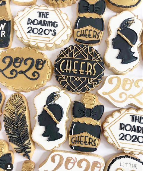 Gatsby Cookies Decorated, Speakeasy Cookies, Roaring 20s Cookies Decorated, Roaring 20s Cookies, 1920s Cookies, 1920s Party Food, Gatsby Cookies, Harlem Nights Theme, Nye 2024