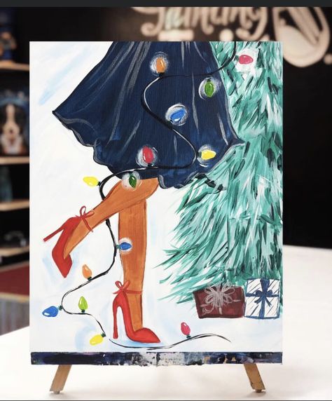 Christmas Painting Canvas Ideas, Christmas Lights Paintings On Canvas, Camp Painting, Christmas Canvas Paintings, Painting And Wine, Diy Christmas Canvas, Christmas Painting Ideas, Paint And Drink, Painting With A Twist