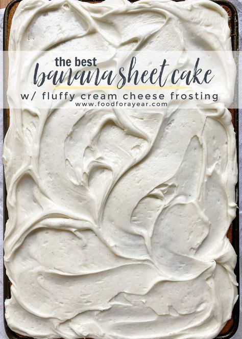 Banana Sheet Cake Recipe, Banana Sheet Cake, Banana Sheet Cakes, Banana Cake Recipe Easy, Fluffy Cream Cheese Frosting, Sheet Cake Recipe, Cream Cheese Frosting Cake, Banana Bars, Texas Sheet Cake