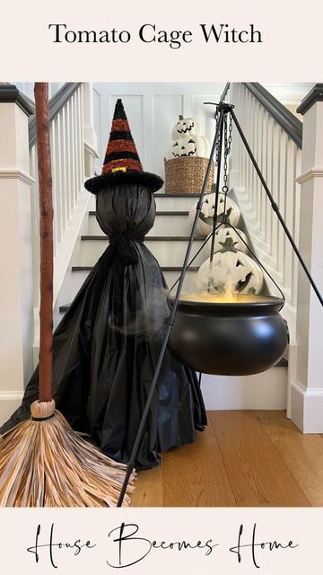 Halloween Tomato Cage, Tomato Cage Witch, Plastic Table Cloth, Cage Decor, Hocus Pocus Party, Halloween Bedroom, Witch Diy, Tomato Cages, Plastic Table