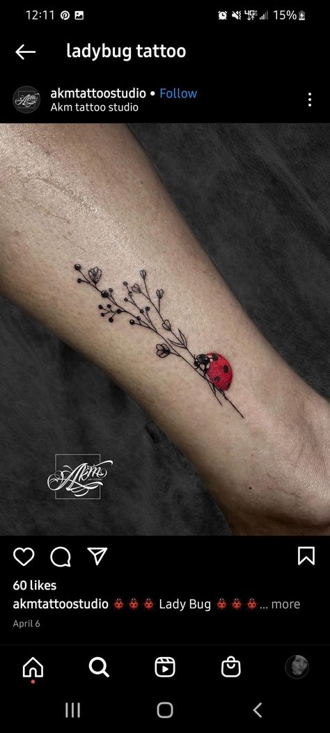 Cute Ladybug Tattoo Ideas, Ladybug Tattoo Small Minimalist, Ladybug Tattoo Flower, Ladybug Design Tattoo, Floral Ladybug Tattoo, Daffodil And Ladybug Tattoo, Ladybug Tattoo Dainty, Ladybug On Plant Tattoo, Ladybug With Flower Tattoo