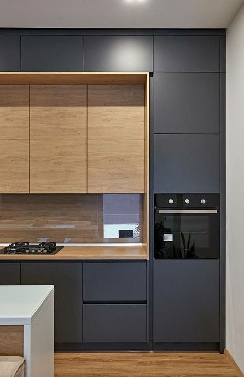 Kitchen Dark Grey And Wood, Oven Cabinet Design, Black White And Oak Kitchen, Dark Grey And Wood Kitchen, Full Height Kitchen Cabinets, Grey Oak Kitchen, 2 Tone Kitchen, Full Height Cabinet, Hiasan Dalaman Dapur