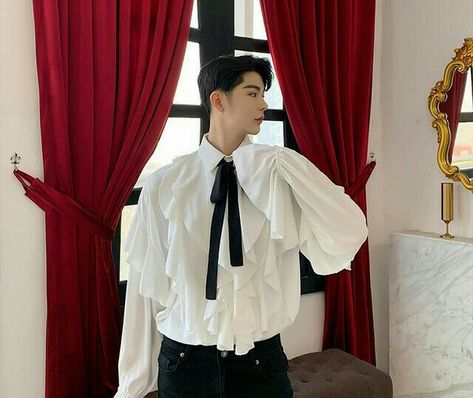 Unique Prom Outfits For Guys, Ruffle Shirt Outfit, Korean Prom, Victorian Mens Clothing, Prom Outfits For Guys, Prince Clothes, Bell Sleeve Shirt, Groom And Groomsmen Attire, Ordinary Girls