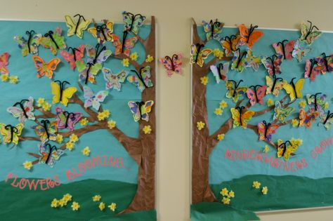 Spring Bulletin Board with tree  Flowers blooming, students growing Spring Bulletin Boards Preschool, Butterfly Bulletin Board, Christian School Bulletin Boards, Garden Theme Classroom, Classroom Tree, Hallway Bulletin Boards, Spring Bulletin, Bee Themed Classroom, Clutter Free Classroom