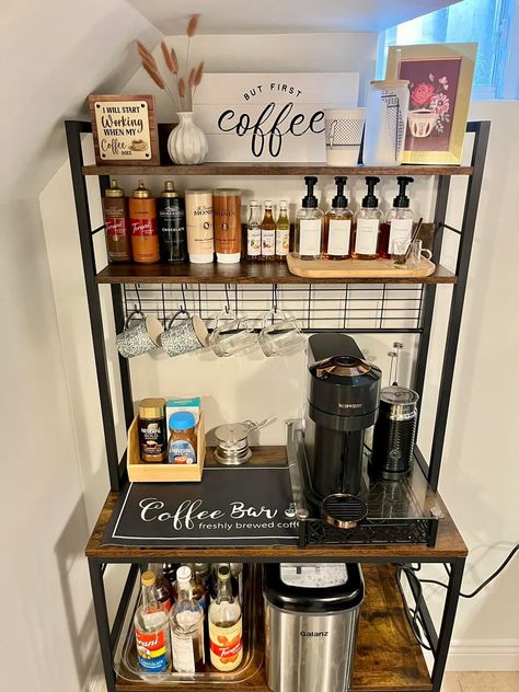 Adult Apartment Decor, Coffee Bar Inspiration, Drinks Area, Tea Rack, Office Coffee Bar, Coffee Station Kitchen, Coin Café, Coffee Bar Ideas, Coffee Bar Design