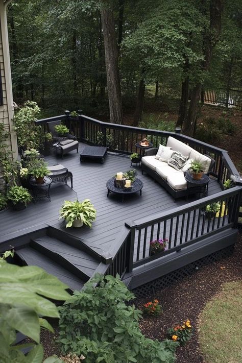 Choose eco-friendly decking materials for your backyard. Discover sustainable options like composite wood and recycled plastic that are durable and earth-friendly. 🌳🛠️ #EcoFriendlyDecking #SustainableOutdoorLiving #GreenDesign Deck Before And After, Maximalist Backyard, Backyard Styles, Black Pergola, Decking Options, Green Backyard, Black Deck, Raised Patio, Deck Colors