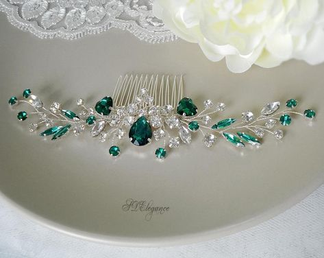 Green Crystal Hair Comb Emerald Bridal Hair Comb Dark Green | Etsy Emerald Green Hair, Emerald Hair, Festive Hair, Blue Wedding Hair, Silver Hair Comb, Crystal Hair Vine, Rhinestone Hair Comb, Royal Blue Wedding, Floral Hair Combs