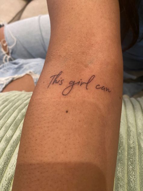 A tattoo on forearm reads ‘This girl can’ Empowering Women Tattoos, Attitude Tattoos For Girl, Inner Peace Tattoo, Simple Girl Tattoos, Peace Tattoo, Peace Tattoos, Empowering Tattoos, Girl Power Tattoo, Pretty Tattoo