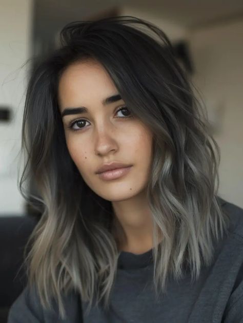 Grey Ends On Brown Hair, Dark And Grey Hair, Hair Gray And Black, Dark Brown Hair With Grey, Dark Hair With Grey Highlights, Smokey Hair Color, Grey Highlights On Dark Hair, Ashy Babylights On Dark Hair, Black To Grey Ombre Hair