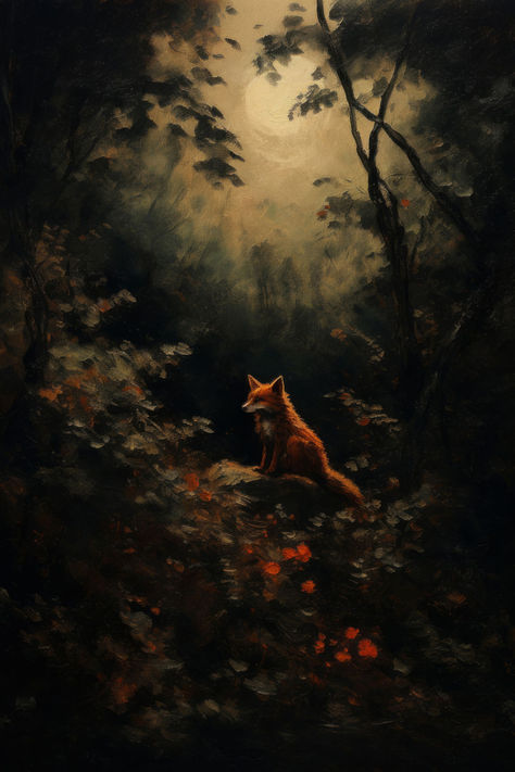 Night painting of a fox in the forest under the nights moonlight. Forest Night Painting, Forest Fox Aesthetic, Fox Forest Aesthetic, Fox At Night, Forest Fox Art, Fox And Moon, The Moon Painting, Fox In Forest, Nature Landscape Painting