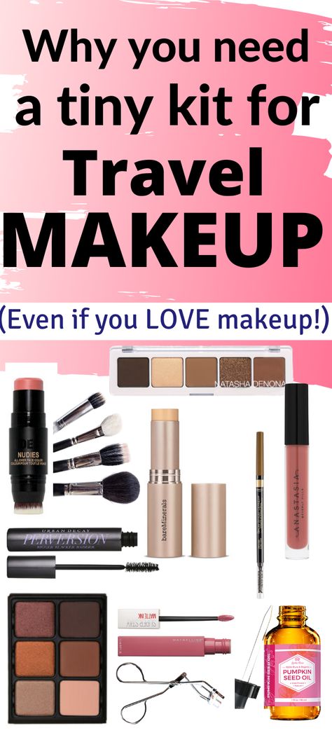 Travel Make Up Kit, Make Up Travel Hacks, Car Makeup Kit, Compact Travel Makeup Kit, Make Up For Traveling, Best Makeup For Travel, Minimal Travel Makeup, Cosmetic Packing Ideas, Makeup Travel Hacks