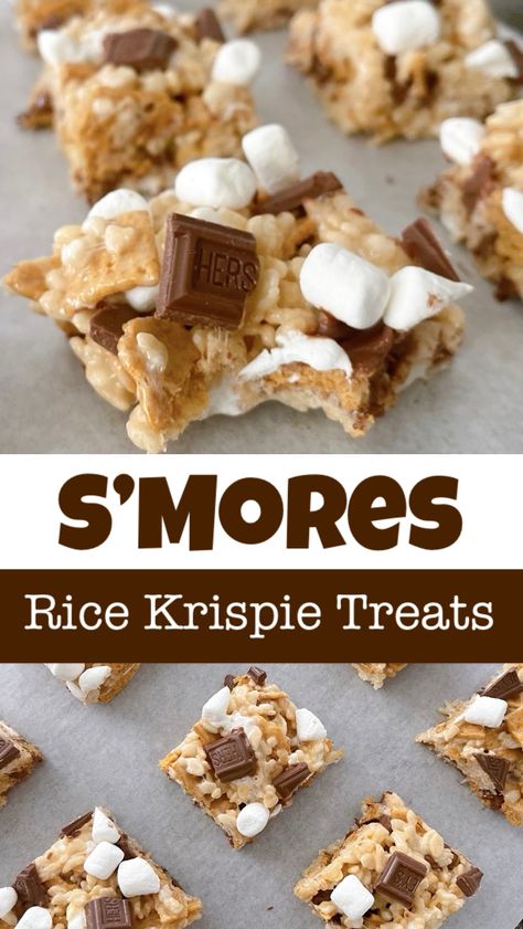 I absolutely adore the magic of classic campfire s'mores, so imagine my delight when I discovered S'mores Rice Krispies Treats. This no-bake dessert fuses the beloved crispy rice cereal treats with the iconic flavors of a fireside s'more. By adding Golden Grahams into the mix, not to mention the silky melt of Hershey bars, we're treated to an irresistible twist on a timeless favorite! Rice Crispy Flavors, Smores Rice Crispy Treats, Rice Krispie Treats Flavors, Rice Krispie Treats Add Ins, S’mores Crispy Treats, S'mores Rice Krispie Treats, S’mores Rice Krispy Treats Ideas, Campfire Roasted Rice Krispie Treats, S’mores Rice Crispy Treats