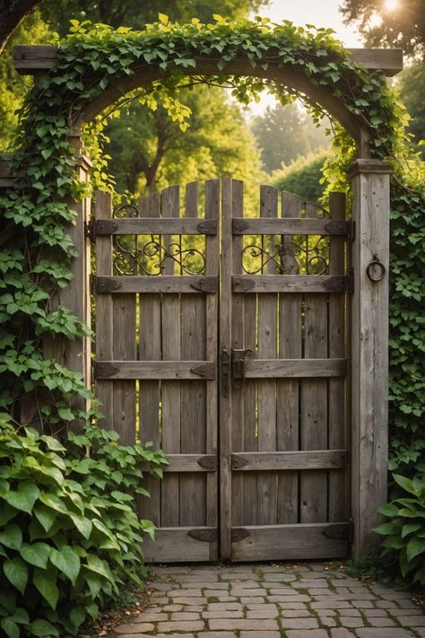 20 Farmhouse Gate Ideas For Charming Entrances - Toolz Geek Garden Gate Design Ideas, Garden Gate Wood, Wooden Garden Gates Ideas, Country Gate Entrance Ideas, Front Yard Gate, Garden Gates Ideas, Wooden Farm Gates, Vintage Garden Gate, Farmhouse Gate