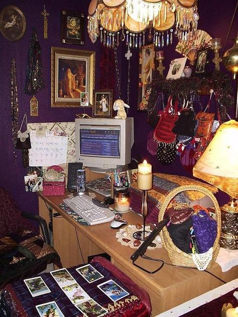 My Aesthetic Room, Tarot Themed Room, Tarot Table Decor, Whimsigoth Table, Whimsigoth Home Aesthetic, Tarot Reading Table Set Up, Tarot Table Set Up, 90s Whimsy Goth Bedroom, Psychic Room