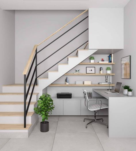 Office Under Stairs, Home Office With Built Ins, Vaulted Ceiling Bedroom, Under Stairs Nook, Stair Nook, Small Room Design Bedroom, Staircase Decor, Luxury House Interior Design, Home Stairs Design