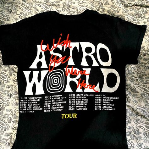 Travis Scott’s “ASTROWORLD” wish you were here T-shirt (official tour merch) Astro World Tshirt, World Tour Shirt Design, Concert T Shirt Design, Concert Merch Design, Concert Shirt Design, Tour Merch Design, Tour Tshirt Design, Astroworld Tshirt, Tour Shirt Design