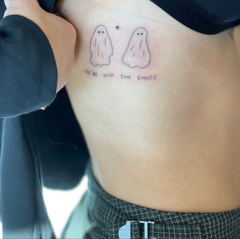 Harry Styles Tattoos Inspiration Two Ghosts, 2 Ghosts Tattoo, Simple Harry Styles Tattoo, Matching Harry Styles Tattoos, Two Ghosts Tattoo Harry Styles, Two Ghosts Tattoo, Harry Styles Two Ghosts, Ghosts Tattoo, Thigh Tattoo Quotes