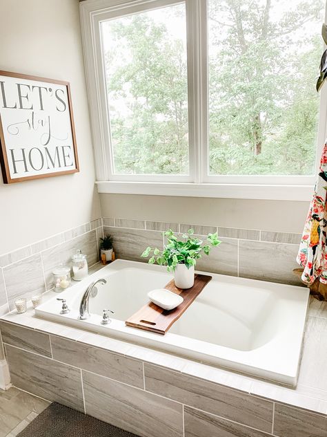 Farmhouse bathroom Tub In Corner Of Bathroom, Built In Soaking Tub, Jetted Tub Surround Ideas, Built In Bathtub Tub Surround, Tile Bath Tub, Drop In Tub Ideas, Tile Around Tub, Bathtub Tile Surround, Tile Around Bathtub