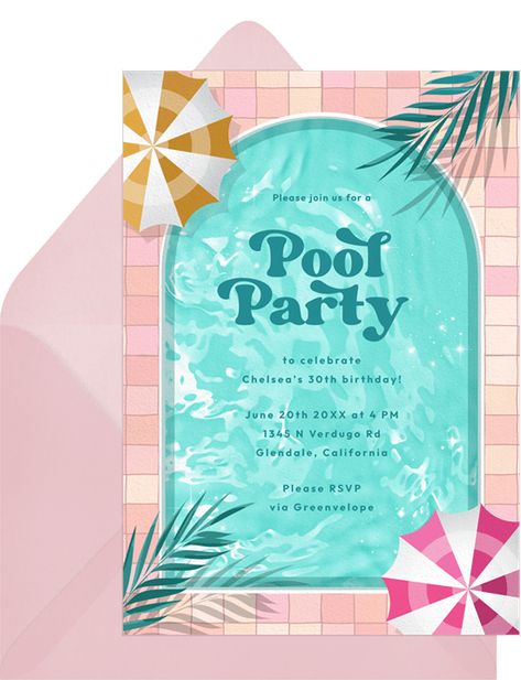 Pool Party Birthday Party Invitation Cute Pool Party Themes, Pool Party Inspiration, Invitaciones Pool Party, Pool Party Invitation Ideas, Pool Party Bday, Swimming Pool Party Ideas, Pool Party Birthday Ideas, Pool Invitations, Birthday Pool Party Ideas