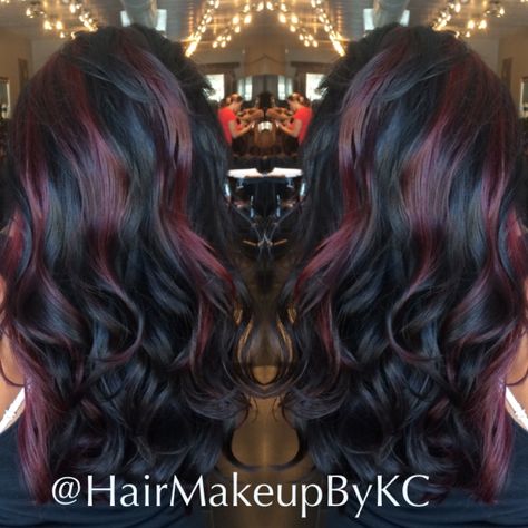 Black Hair With Red Peekaboo Highlights, Black Cherry Peekaboo Highlights, Peek A Boo Hair Color Ideas Dark, Long Hairstyles With Red Highlights, Chunky Hair Color Ideas, Dark Hair Red Peekaboo, Fall Brunette Hair Color With Red, Burgundy Caramel Balayage, Chunky Highlights Burgundy