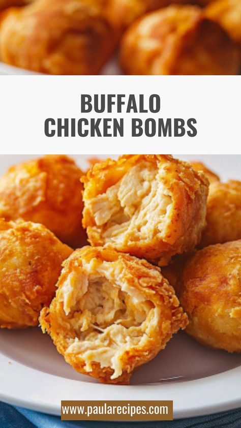 Buffalo chicken in every bite! These cheesy, spicy Buffalo Chicken Bombs are the ultimate snack for your next game day or party. 🧀🔥 #BuffaloBliss #SnackBombs #GameDayFave #CheesyDelight #SpicyPerfection #CrispyAndCrunchy #PartySnackGoals #FingerFoodFiesta #CrowdPleasingBites #SnackTimeSensation Spicy Chicken Balls, Buffalo Chicken Dip Wontons, Buffalo Chicken Appetizers For Party, Buffalo Bills Appetizers, Buffalo Chicken Biscuits, Easy Buffalo Chicken Recipes, Buffalo Chicken Balls Baked, Buffalo Chicken Bombers Recipes, Buffalo Chicken Bites Recipes