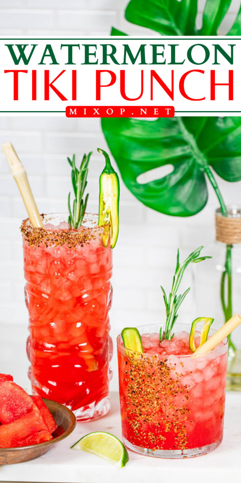 Watermelon Tiki Punch is a vibrant cocktail that combines the juicy sweetness of watermelon and a touch of rum to create a perfect drink. Watermelon Punch Bowl, Watermelon Rum Punch, Watermelon Punch Alcohol, Watermelon Rum Drink Recipes, Watermelon Cocktail Rum, Tiki Cocktails Recipes, Tiki Punch Recipe, Tiki Recipes, Jungle Halloween