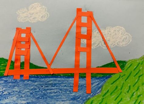 Elementary Projects, Golden Gate Bridge Art, Montessori Crafts, Elementary Art Lesson Plans, Art Lesson Plan, Collage Projects, Dave Eggers, Transportation Crafts, Kindergarten Curriculum