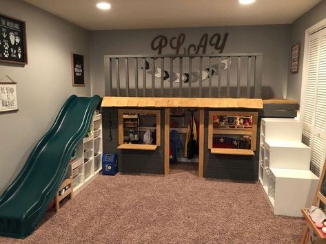 Loft Space Playroom, Top Bunk Play Space, Playroom For Preschoolers, Indoor Playground Home Diy, Bed With Play Area Above, Indoor Play Areas Diy, Playroom Loft With Slide, Small Loft Playroom, Diy Playroom Loft With Slide