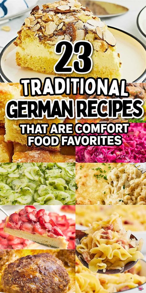 Check out some of the most popular German recipes! From soft, cozy potato dumplings and crispy, juicy Schnitzel with a mushroom gravy to a refreshing cucumber salad, there's something for everyone at the table. And let's not forget dessert—end your meal on a sweet note with a slice of heavenly German Apple Cake. #cheerfulcook #germanfood #germanrecipes #germandishes #oktoberfest #octoberfest #germany Octoberfest Germany, German Cuisine Recipes, Traditional German Recipes, German Recipes Dinner, German Side Dishes, Easy German Recipes, Traditional German Food, German Apple Cake, German Food Authentic