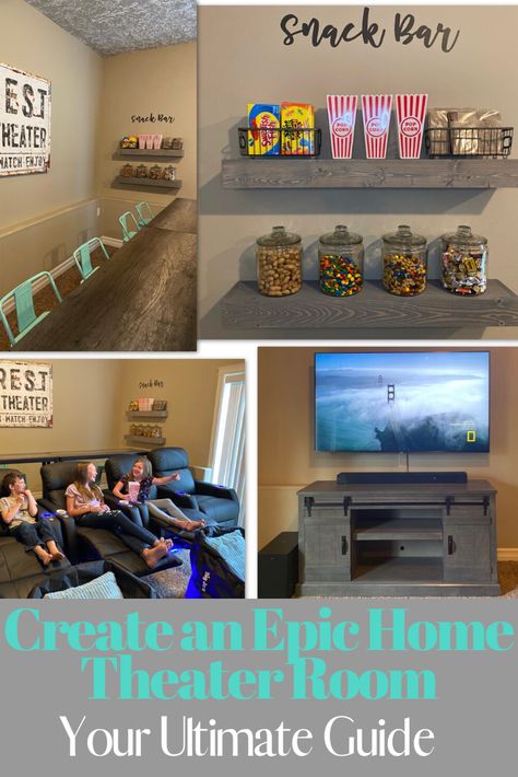 How to create an epic home theater room.  We did a full basement makeover and I will show you how to create a DIY modern, stylish movie theater room.  All the best seating, signs, décor, movie posters & more. #movietheaterroom Movie Signs Diy Home Theaters, Loft Theater Room Ideas, Movie And Game Room Ideas, Home Cinema Room Diy, Theater Room Decor Ideas, Mini Theater Room Design, Small Movie Theater Room Ideas, Home Movie Room Ideas, Media Room Decor Ideas