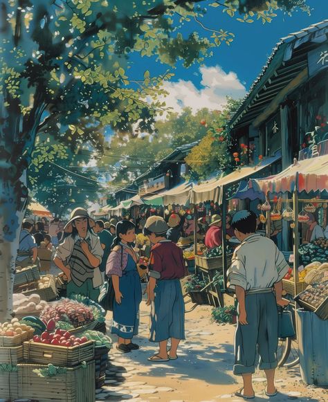 early morning crowd on the grocery market 🍎🍋🍞🥖🫑🥩 🔗 https://linktr.ee/whimcity 💻 created with MidJourney & Topaz Gigapixel ⠀⠀⠀⠀⠀⠀⠀⠀⠀ 🔗 #chillvibes 🔗 #studioghibli 🔗 #aiartcommunity 🔗 #animelover 🔗 #animeart 🔗 #sunsetlovers 🔗 #lofi 🔗 #japanlover Grocery Market, Cartoon Font, Pretty Landscapes, Ghibli Art, Book Drawing, Comic Style, Art Courses, Cool Wallpapers Art, Landscape Drawings