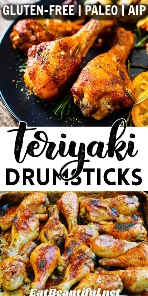 Four ingredients create this incredible one-pan sheet pan Teriyaki Chicken Drumsticks recipe! Gluten-free, Paleo, AIP and Low FODMAP Paleo Drumstick Chicken Recipes, Aip Baked Chicken, Paleo Chicken Drumsticks, Aip Chicken Wings, Aip Chicken Drumsticks, Teriyaki Drumsticks, Aip Chicken Tenders, Aip Chicken Teriyaki, Fodmap Chicken