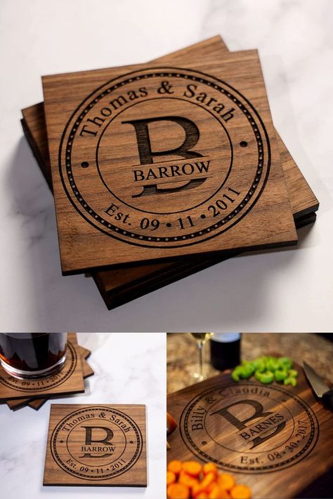 Personalized Wooden Coasters, Handmade Wood Gift Ideas, Laser Coaster Ideas, Laser Engraving Coaster Ideas, Wood Crafts For Gifts, Lazer Engraver Ideas Wedding, Wooden Engraving Ideas, Wood Souvenir Ideas, Wooden Wedding Gift Ideas