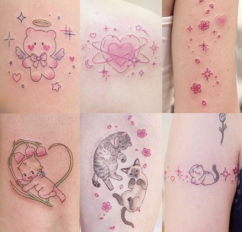 Small Pink Tattoo Ideas, Hand Tattoos Colorful, Y2k Tatoos Ideas, Korilakkuma Tattoo, Cute Sleeve Tattoos, Tattoo Ideas For Men Symbols, Cute Aesthetic Tattoos, Small Tattoos Hand, Cutesy Tattoos