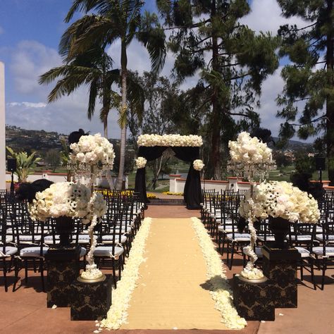 Wedding ceremony - black and gold - Blush Botanicals - sdweddingsbygina - luxury wedding flowers - decor - arch - chuppa - canopy - Gold Beach Wedding, Beach Wedding Black, White Wedding Ceremony, Beach Wedding White, Black Gold Wedding, Blush Wedding Flowers, Beach Wedding Flowers, Wedding Altars, Wedding Ceremony Flowers