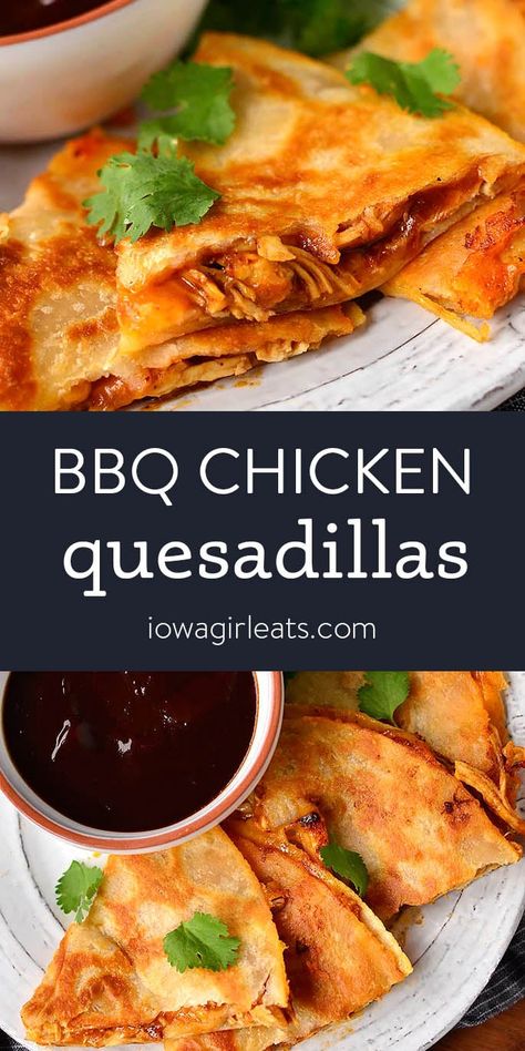 BBQ Chicken Quesadillas Chicken Quesadillas Easy, Bbq Chicken Quesadilla, Gluten Free Bbq, How To Make Bbq, Chicken Quesadilla Recipe, Gluten Free Dinner Easy, Iowa Girl Eats, Weeknight Dinner Recipes Easy, Chicken Quesadillas