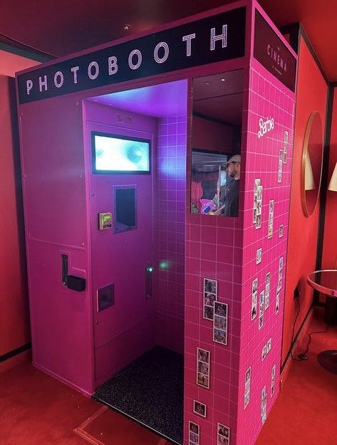 Bright pink Barbie photobooth, decorated with photo strips of moments from the movie Ken And Barbie Party, Y2k Photobooth, Barbie Photobooth, Pink Phone Booth, Pink Photobooth, Barbie Photo Booth, Pink Photo Booth, Photobooth Photoshoot, Macaroon Packaging