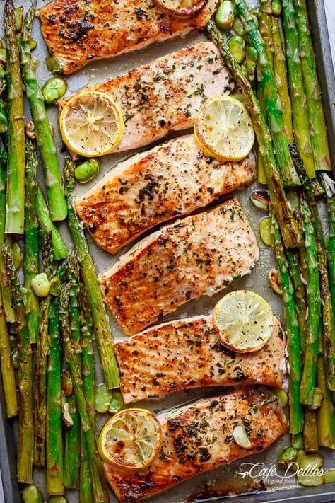 One Pan Lemon Garlic Baked Salmon + Asparagus - Cafe Delites Garlic Baked Salmon, Potato And Asparagus Recipe, Baked Salmon And Asparagus, Salmon Meal Prep, Salmon Asparagus, Garlic Baked, Lemon Garlic Salmon, Lemon Asparagus, Garlic Butter Salmon